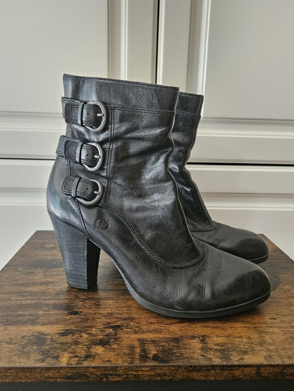 Born Vivi Black Leather Buckle Heeled Ankle Boots Moto Biker Alt Edgy Punk Goth